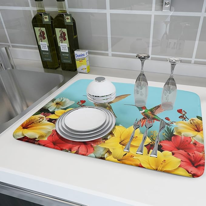 Kawani Spring Hummingbirds Floral Dish Drying Mat - Image 6