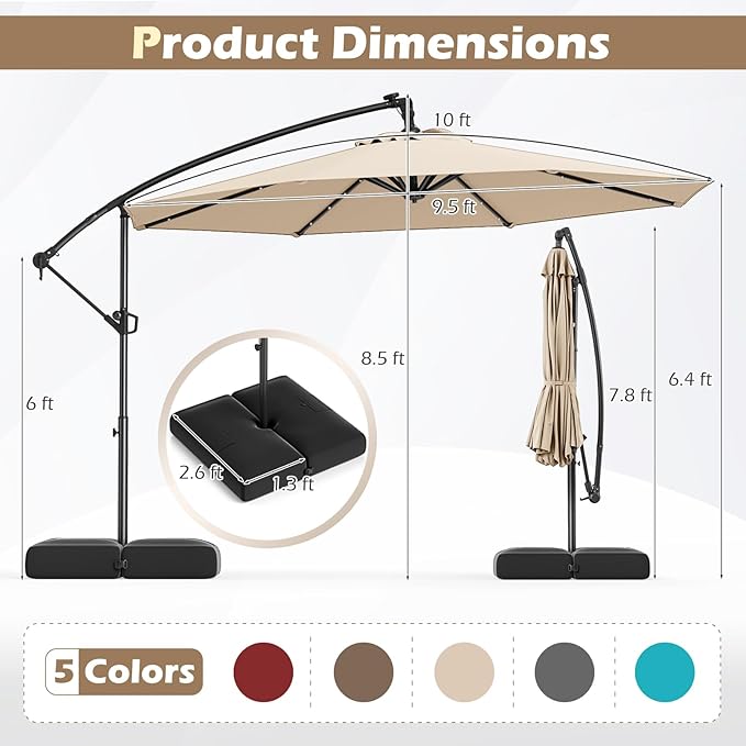 Tangkula 10ft Solar LED Patio Umbrella with Base, Offset Cantilever Outdoor Umbrella with 32 LED Lights, Infinite Tilt, 360 Degree Rotation, Crank Handle for Pool Deck Garden Backyard (Beige) - Image 4