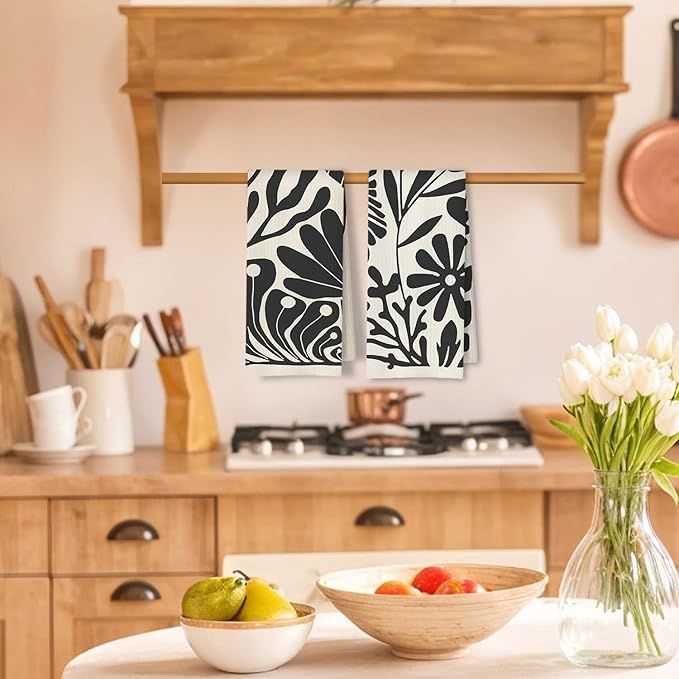 Abstract Boho Neutral Floral Kitchen Towels Set of 2, 70s Retro Groovy Beige - Image 2