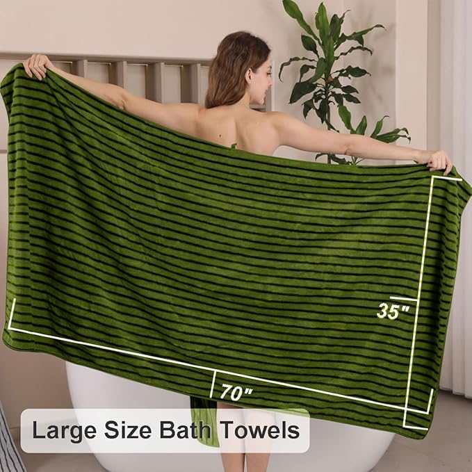 8 Pcs Army Green Cabana Stripe Large Bath Towel Set Oversized Bath Sheet-2 Bath - Image 4