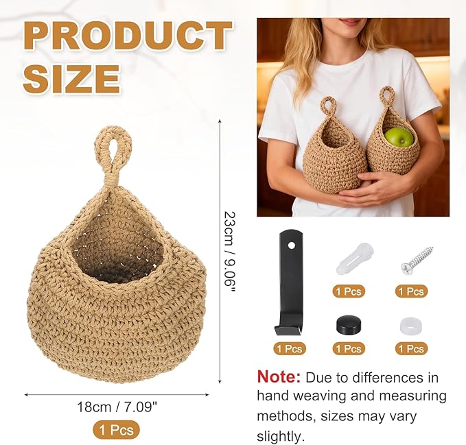 uxcell Hanging Fruit Baskets for Kitchen, Hand-Woven Wall Hanging Storage Jute - Image 2