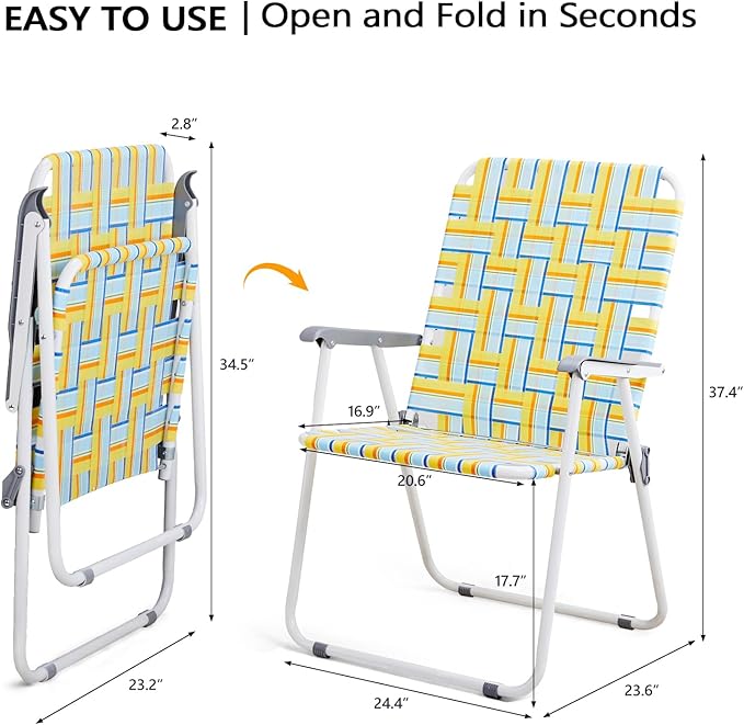 VINGLI Patio Lawn Webbed Folding Chairs Outdoor Beach Portable Camping Chair for Yard, Garden (2, Yellow, Oversized) - Image 3