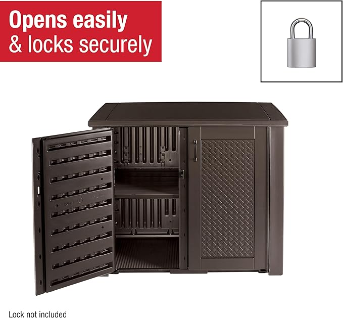 Rubbermaid Decorative Outdoor Storage Cabinet (123 Gal), Weather Resistant, Brown, Organization for Home/Backyard/Pool Chemicals/Toys/Garden Tools/Porch/Patio Cushions - Image 6