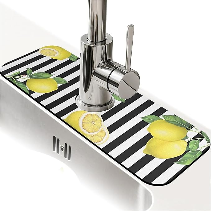 Kitchen Sink Splash Guard，Lemon-and stripes Faucet Mat Sink Gadgets-Super by ZHUZHISHAN