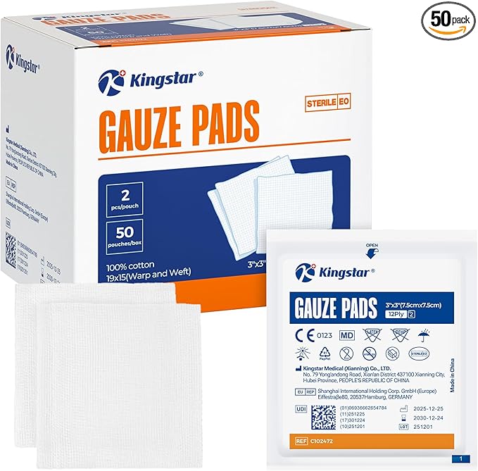 100Pcs Sterile Gauze Pads 3x3 Inch 12-Ply, 100% Cotton 3x3 Soft Gauze by Kingstar