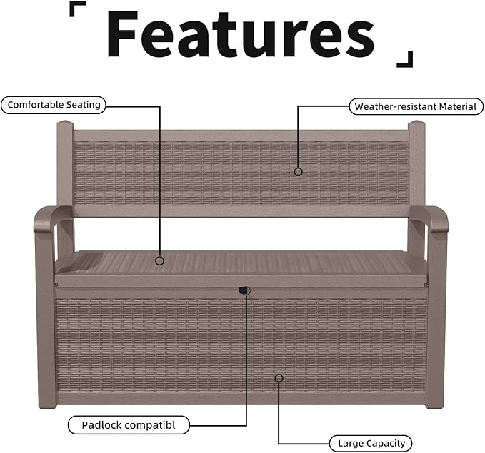 80 Gallon Outdoor Storage Bench Deck Box Waterproof Lockable,Outdoor Storage Furniture for Patio,Garden and Cushions(Gray) - Image 8