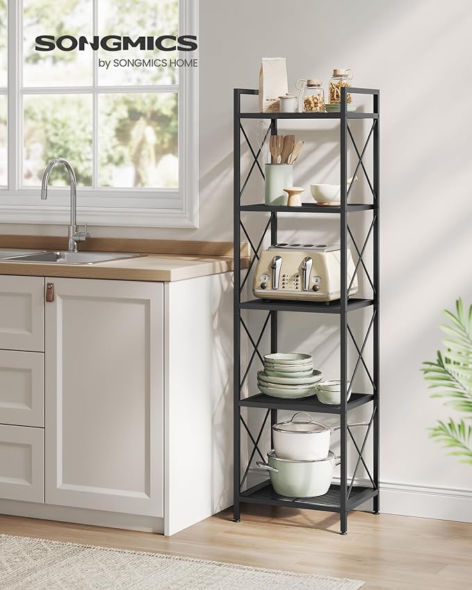 SONGMICS 5-Tier Metal Storage Rack, Shelving Unit with X Side Frames, Dense Mesh, 12.6 x 15.7 x 57.3 Inches, for Entryway, Kitchen, Living Room, Bathroom, Industrial Style, Ink Black UBSC145B01 - Image 2