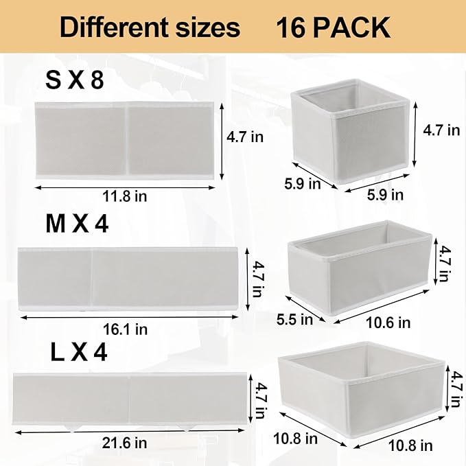 16 Pack Drawer Organizer Clothes, Foldable Fabric Dresser Organizer Closet - Image 3