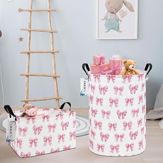 Round Foldable Girls' Storage Basket Kids Laundry Hamper Pink Gift Basket - Image 7