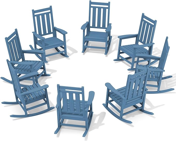 KINGYES Oversized Outdoor Rocking Chair Set of 8, All-Weather Patio Rocking Chairs for Porch, HDPE Outdoor Patio Rockers with High Back & Wide Seat for Garden, Lawn, Blue by KINGYES