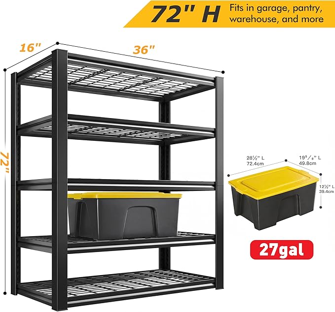 REIBII Garage Shelving 3200LBS, 5-Tier Storage Shelves, Adjustable Industrial Metal Shelving Unit for Garage, Basement, Pantry, Warehouse,Commercial, 36" W x 16" D x 72" H - Image 3