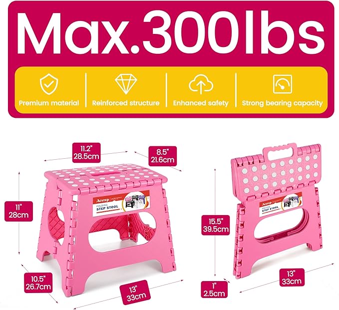 ACSTEP Folding Step Stool for Adults-11 Height Lightweight Plastic Stepping Stool. Foldable Step Stool Hold up to 300lbs Non Slip Collapsible Stool Pink - Image 4