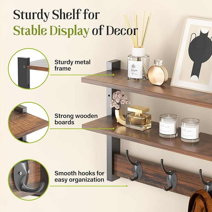 Two-Tier Wall Shelf with Hooks, Key Hooks - Image 4