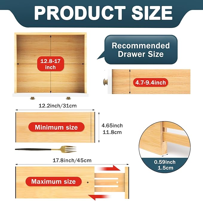 Lzerking Dresser Drawer Organizers 4.65" High, Adjustable from 12-17.5" Bamboo - Image 2