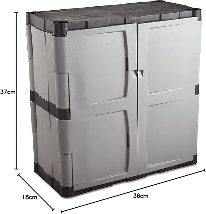 Rubbermaid Freestanding Storage Cabinet with Doors 18"D x 36"W x 37"H Medium Gray/Black Two-Shelf Lockable Cabinet for Indoor/Outdoor/Garage Storage for Garden Tools/Lawn Care Accessories - Image 3