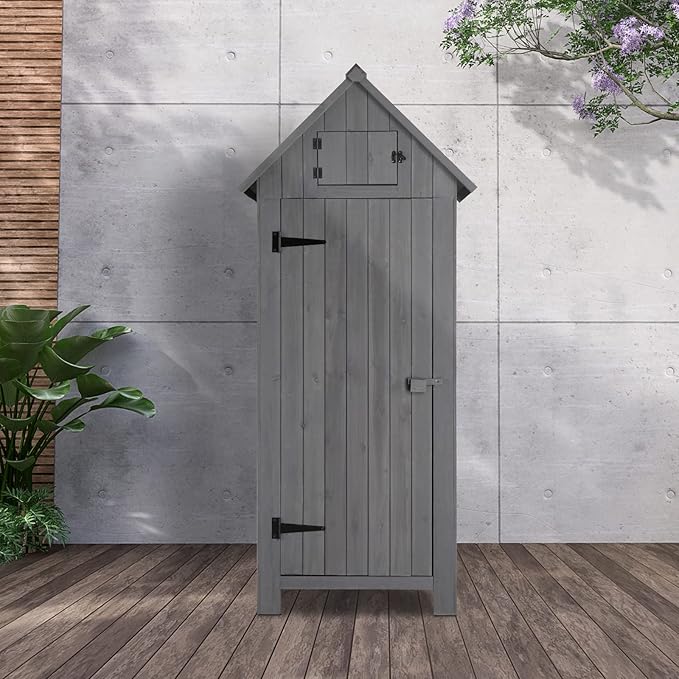 Outvita 70in Outdoor Storage Shed, Waterproof Wooden Garden Storage Cabinet with Lockable Door, Grey - Image 6