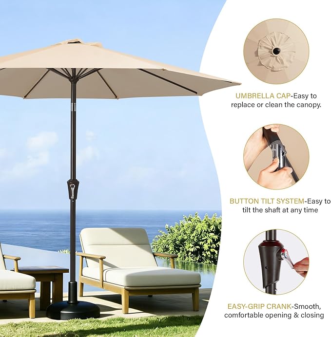 MEWAY 9ft Patio Umbrella Outdoor Table Umbrellas with Push Button Tilt and Crank, Market Umbrella 8 Sturdy Ribs for Deck, Garden, Pool and Backyard, Cream Beige - Image 6