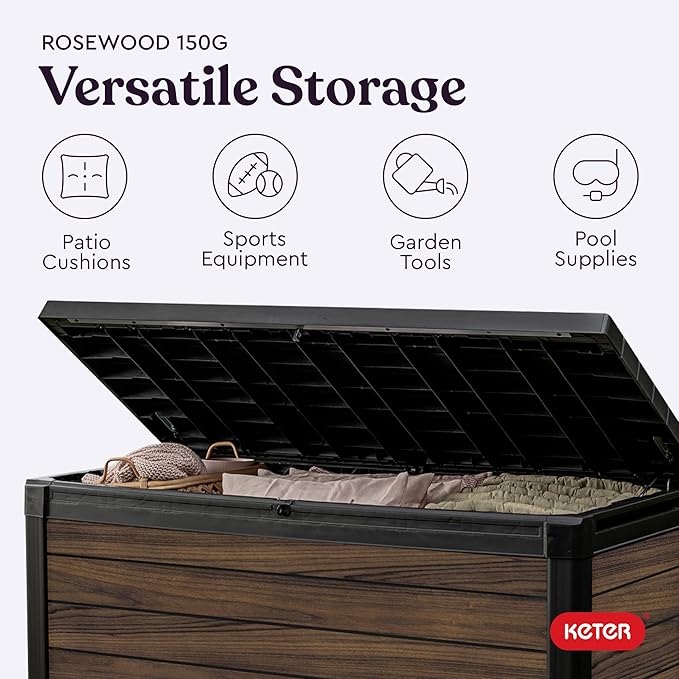 Keter Signature Collection 150 Gallon Resin Deck Box Organization and Storage for Patio Outdoor Cushions, Throw Pillows, Garden Tools and Pool Supplies, Rosewood - Image 6