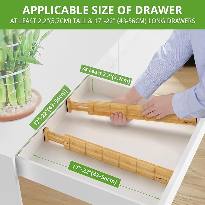 ANTOWIN 4 Pack Expandable Drawer Dividers, 2.2'' High, Extend from 17'' to 22'' - Image 5