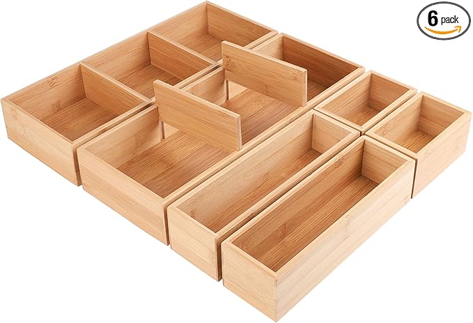 Kootek 6 Pcs Bamboo Drawer Organizer Utensil Tray Kitchen Storage Box 3-Size by Kootek