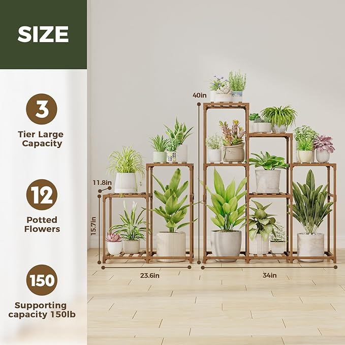 Bamworld 2 Sets Plant Stands Indoor Tall Shelves Outdoor for Multiple Flowers 10 Pots Wooden Rack for Living Room Balcony Garden - Image 6