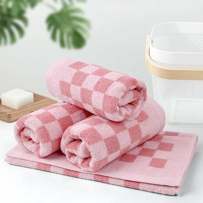 Jacquotha Soft Cotton Hand Towels in Pink Checkered - Image 2