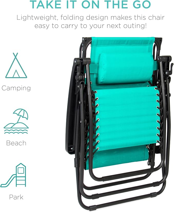 Best Choice Products Folding Zero Gravity Outdoor Recliner Patio Lounge Chair w/Adjustable Canopy Shade, Headrest, Side Accessory Tray, Textilene Mesh - Mint - Image 8