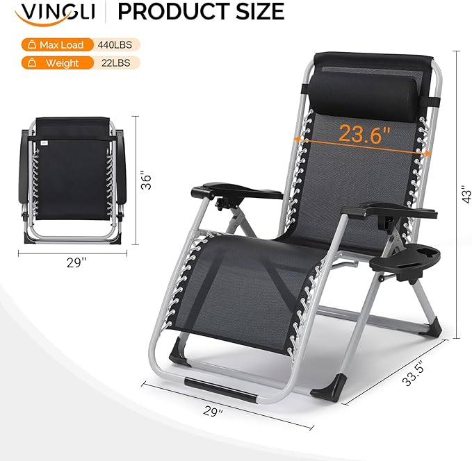 VINGLI 29" Padded Zero Gravity Chair, Lounge Chair with Removable Cushion & Tray， Folding Reclining Patio Chairs， Recliner Chair for Lawn，Indoor Outdoor-Black - Image 6
