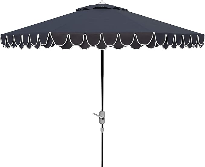 SAFAVIEH 9ft Outdoor Patio Umbrella, Round, Valance, White & Navy Trim, Auto Crank Tilt, UV Resistant for Deck, Backyard, Poolside (PAT8006G) by SAFAVIEH