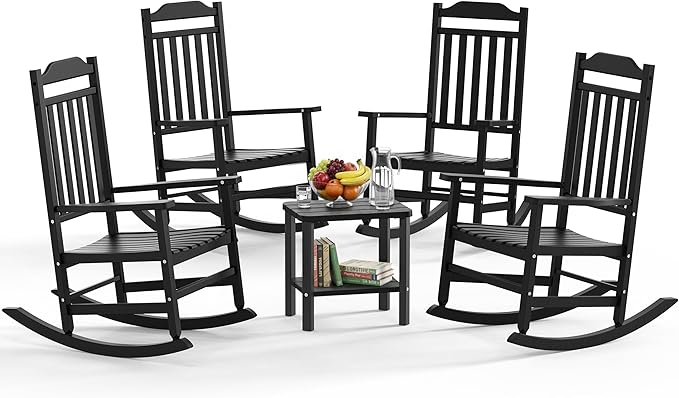5 Piece Outdoor Rocking Bistro Set, Rocking Chairs Outdoor Furniture, Resin Waterproof Sun-Proof Patio Furniture Set for Garden, Pool, Backyard（5, Black） by GYMHILL