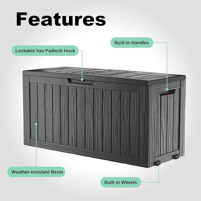 DRATO 75 Gallon Deck Box, Waterproof Resin Large Outdoor Storgae Box for Patio Furniture, Patio Cushions, Gardening Tools, Pool Supplies, Lockable（Black，75 Gallon） - Image 4