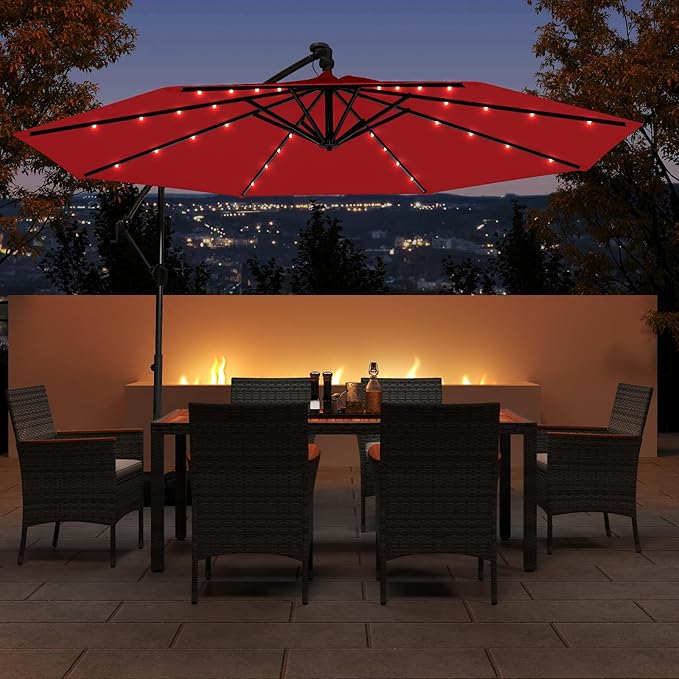 Tangkula 10ft Solar LED Patio Umbrella with Base, Offset Cantilever Outdoor Umbrella with 32 LED Lights, Infinite Tilt, 360 Degree Rotation, Crank Handle for Pool Deck Garden Backyard (Wine) - Image 2