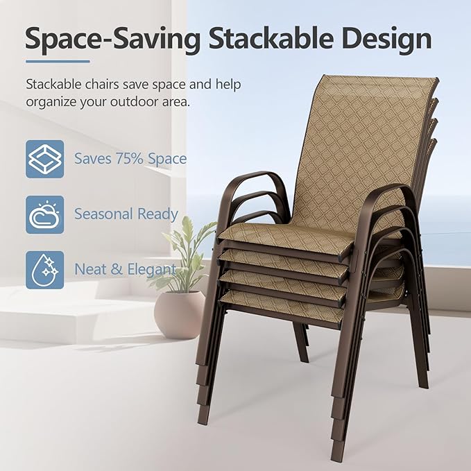 SWITTE Patio Chairs Set of 4 with Armrests, Outdoor Stackable Dining Chairs with Breathable Backrest and Metal Frame for Lawn, Garden, Deck, Poolside, Beige - Image 7
