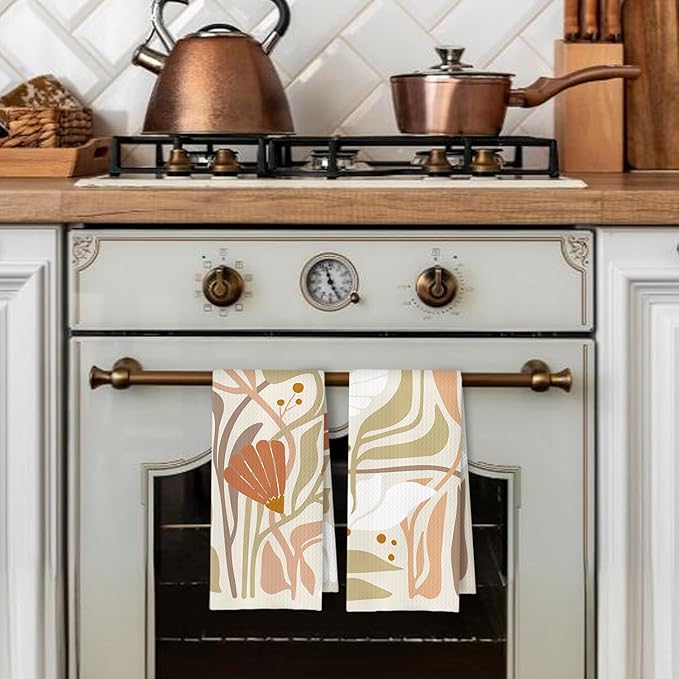 Abstract Boho Beige and White Floral Kitchen Towels Set of 2, 70s Retro Groovy - Image 3