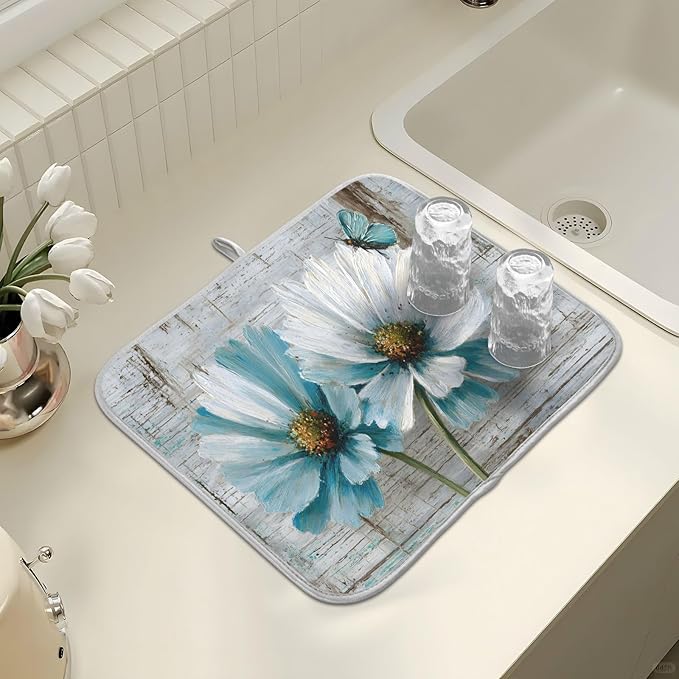 Rustic Teal White Daisy on Vintage Wooden Dish Drying Mat - Image 7