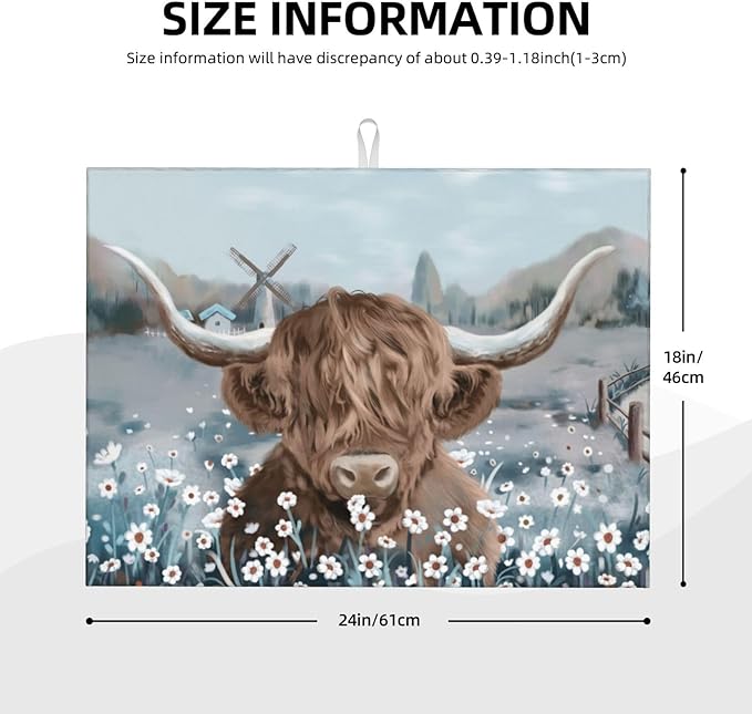 Cow Dish Drying Mat for Kitchen Counter Decor 18x24 Inch Floral Absorbent - Image 3