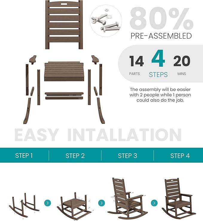 SERWALL Outdoor Rocking Chair, Oversized Rocking Chair with Footrest for Adults, HDPE All Weather Resistant Rocking Chairs for Patio, 350lbs Weight Capacity, Coffee - Image 6