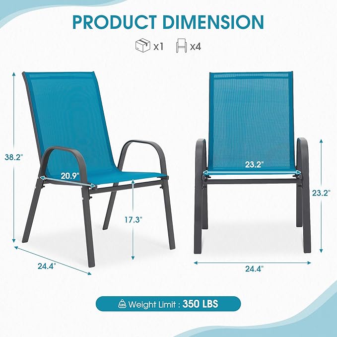 Outdoor Stackable Chairs Set of 4, Stacking Patio Chairs with Textilene Fabric, Outside Furniture for Garden Backyard Balconie Poolside Deck, Blue - Image 2
