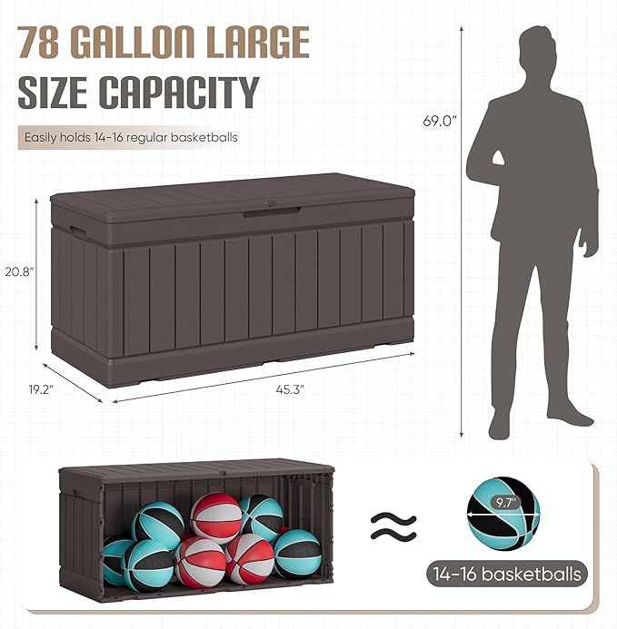 JUMMICO 78 Gallon Outdoor Deck Box Large Resin Storage Box for Patio Furniture Cushions and Garden Tools (Brown) - Image 3