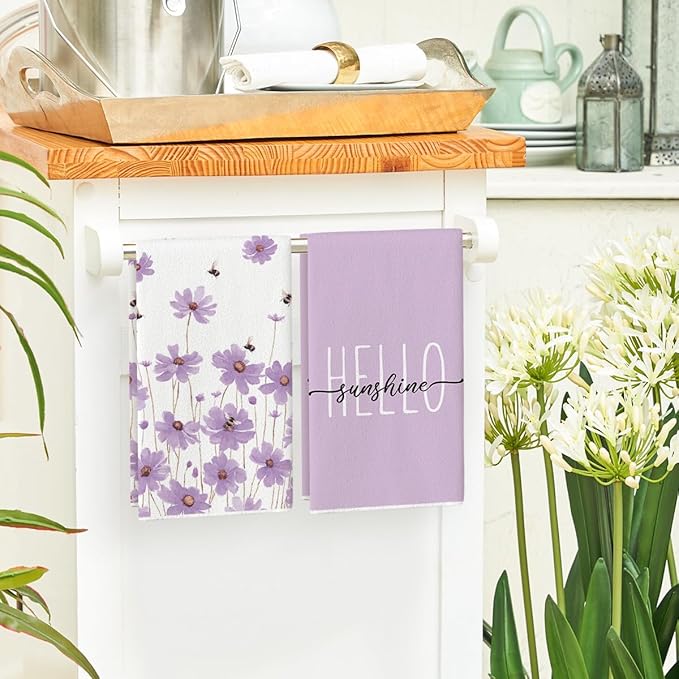 Artoid Mode Purple Flowers Bee Hello Sunshine Summer Kitchen Towels Dish Towels - Image 4