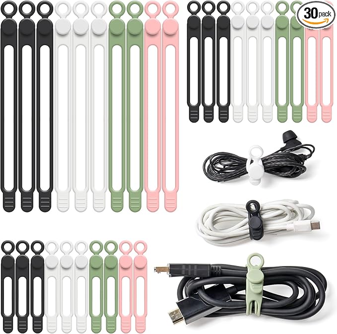 OneLeaf 30Pcs Cord Organizer, Silicone Cable Ties Reusable, Cord Ties by OneLeaf