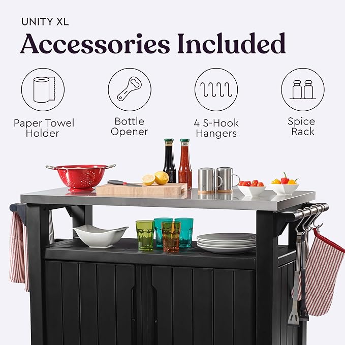 Keter Unity XL Portable Outdoor Table with Stainless Steel Top for Kitchen Prep and Outdoor Storage Cabinet for Grilling Accessories, Dark Grey - Image 3
