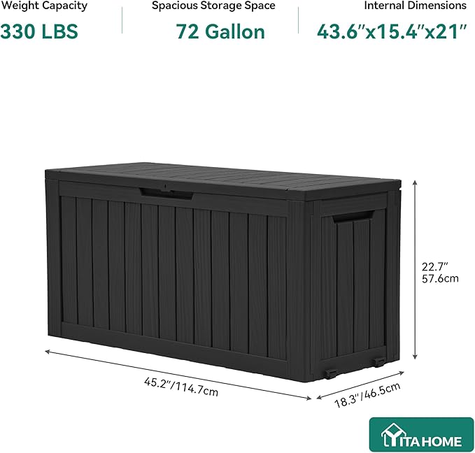 YITAHOME 72 Gallon Outdoor Resin Deck Box with Wheels, Pool Storage Box for Outdoor Cushions, Sports Equipment, Garden Tools, Black - Image 8