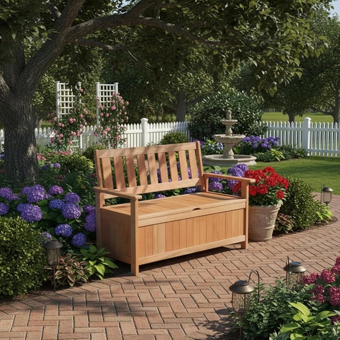 Tangkula 48 Inch Outdoor Wood Storage Bench Deck Box, Wooden Storage Loveseat with 34.2 Gal Inner Space, Entryway Bench Deck Box with Slatted Backrest, Storage Seat for Garden, Lawn, Balcony & Porch - Image 4