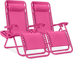 Best Choice Products Set of 2 Adjustable Steel Mesh Zero Gravity Lounge Chair Recliners w/Pillows and Cup Holder Trays - Hot Pink by BestChoiceProducts