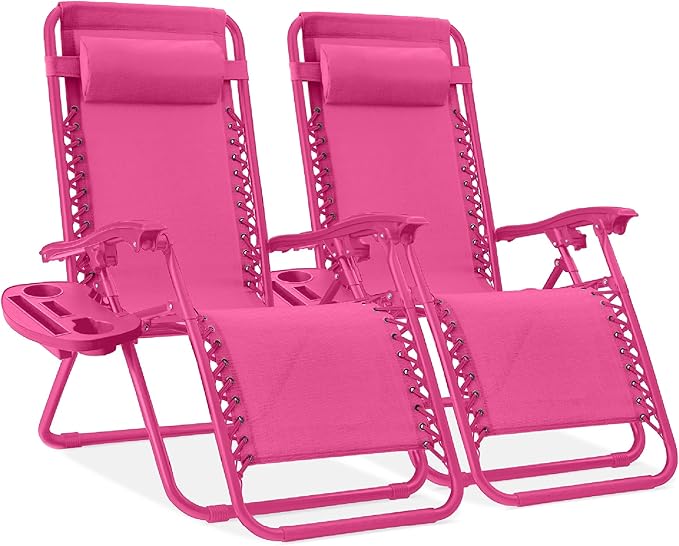 Best Choice Products Set of 2 Adjustable Steel Mesh Zero Gravity Lounge Chair Recliners w/Pillows and Cup Holder Trays - Hot Pink by BestChoiceProducts