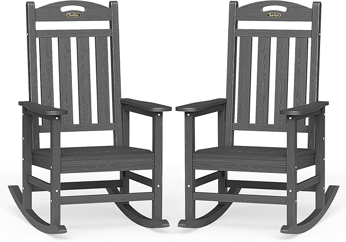 Oversized Outdoor Rocking Chairs Set of 2, High Back Porch Rocking Chair, HDPE All Weather Resistant Rocking Chairs for Patio, 380lbs Weight Capacity, Dark Grey by Suunyn