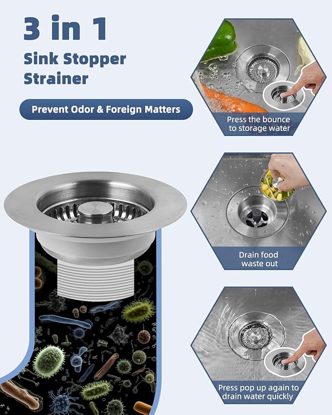 Hygie Rinse 3-in-1 Kitchen Sink Strainer Stopper Combo All Metal Stainless Pop - Image 4