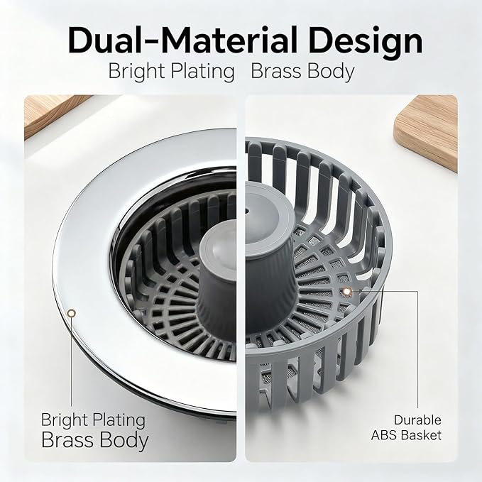Solid Brass Body 3-in-1 Kitchen Sink Drain Strainer & Stopper, Heavy Duty Pop - Image 8