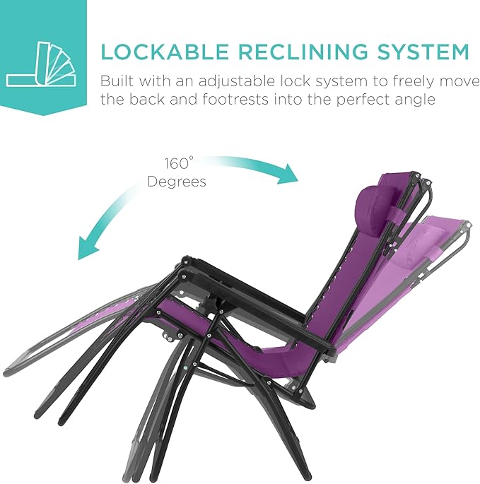 Best Choice Products 30” Wide Folding Zero Gravity Outdoor Recliner Patio Lounge Chair w/Adjustable Canopy Shade, Headrest, Side Accessory Tray - Amethyst Purple - Image 6